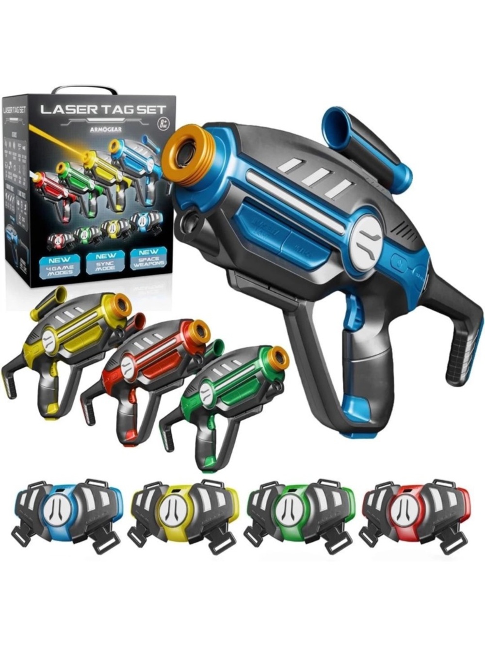 Armogear | Laser Tag Set for 4 Blasters, 4 Vest Sensors 4 Multi Game Modes